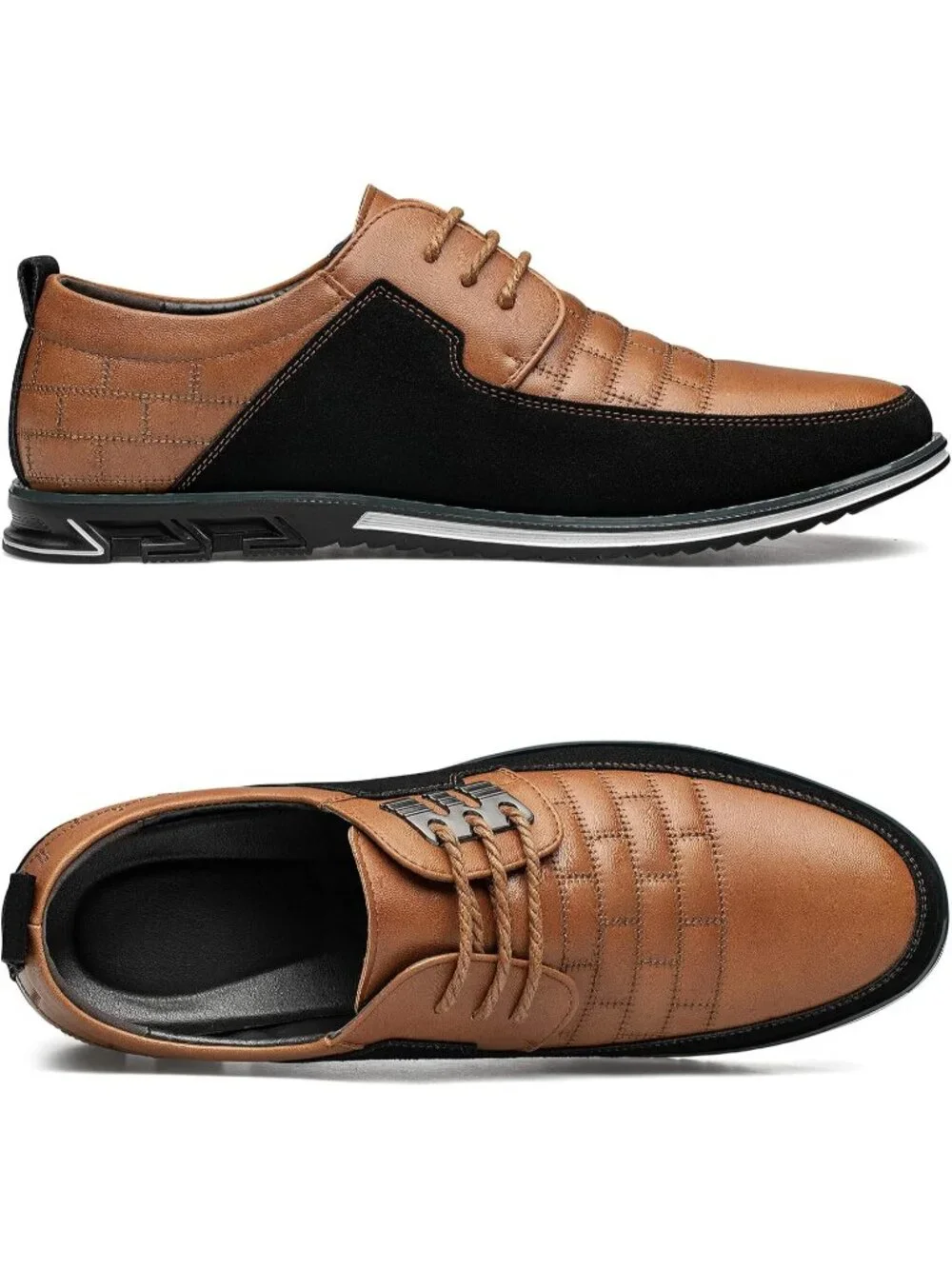 Men's Coffee Plaid Embossed Grid Leather Comfortable Hybrid Oxford Dress Sneaker